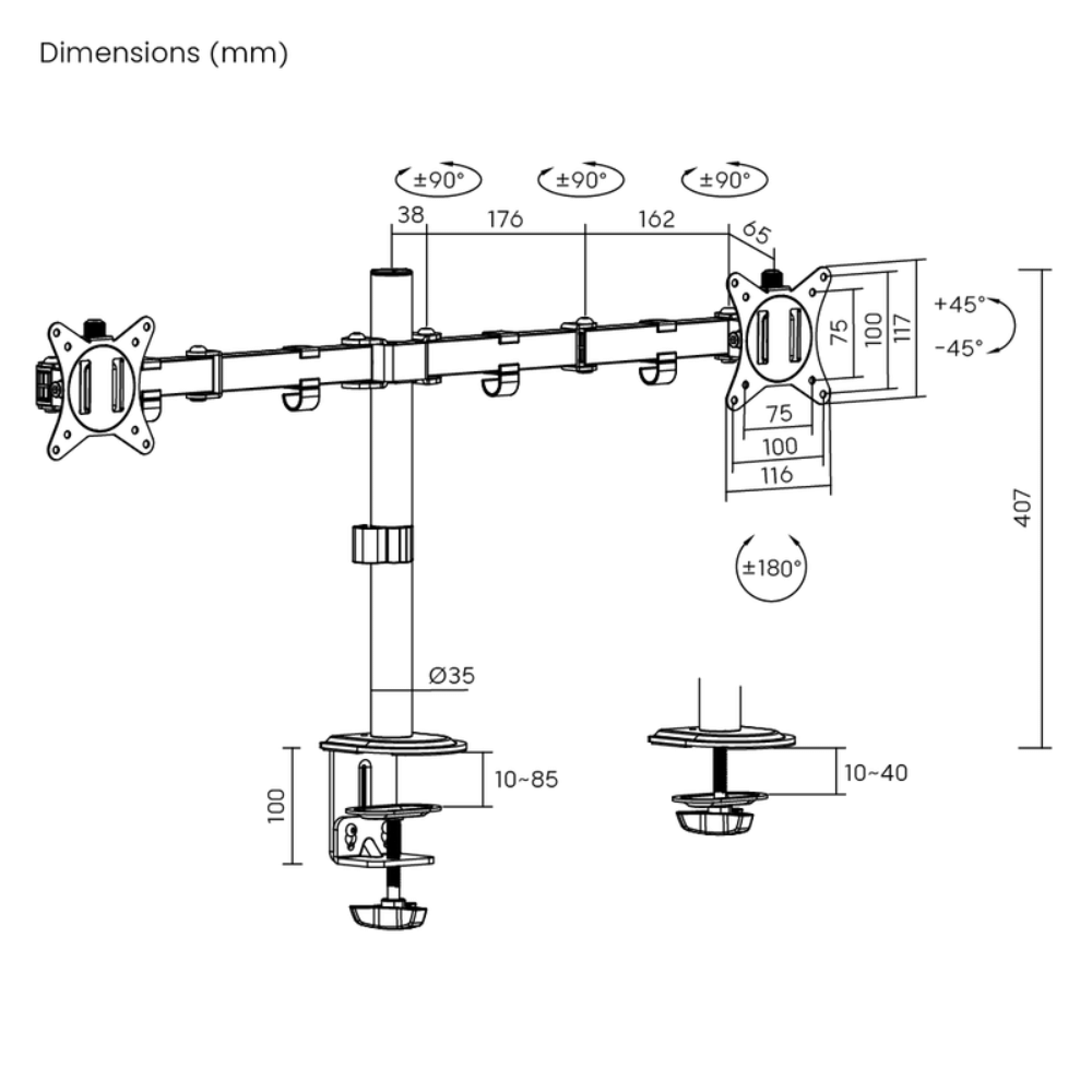 Brateck LDT66-C024 快拆式關節式鋁合金左右雙顯示器螢幕支架