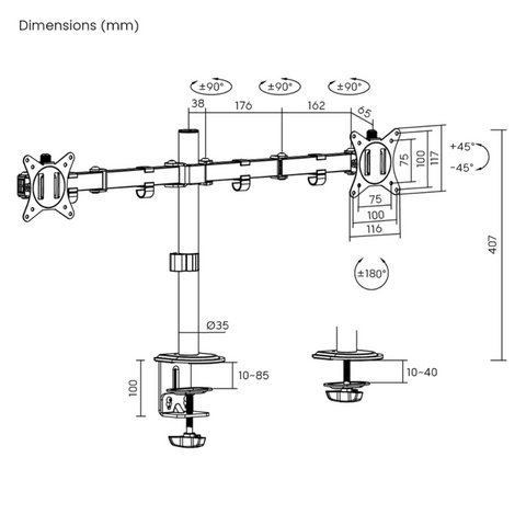 Brateck LDT66-C024 快拆式關節式鋁合金左右雙顯示器螢幕支架