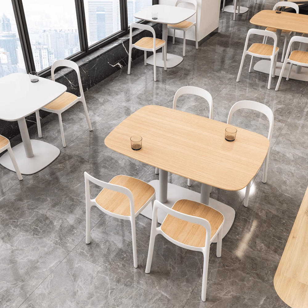 CT26 Modern Wooden Rectangle Cafe Dining Table with Metal Double Pillar Stand