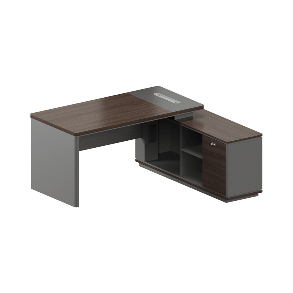 Forge-B Small Walnut Wooden Office Executive Desk with Side Cabinet
