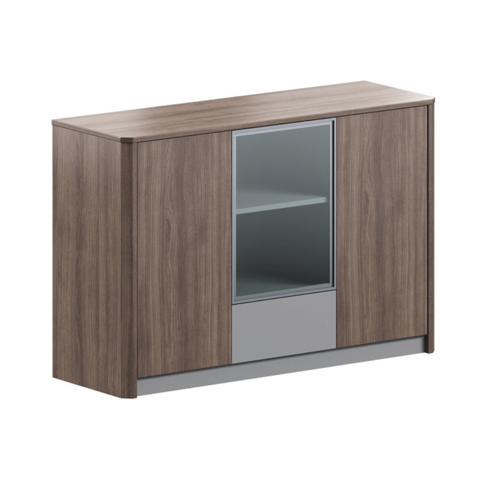 Maddy-A Walnut Wooden Glass Door Office Low Filing Cabinet - Gavisco Office Furniture