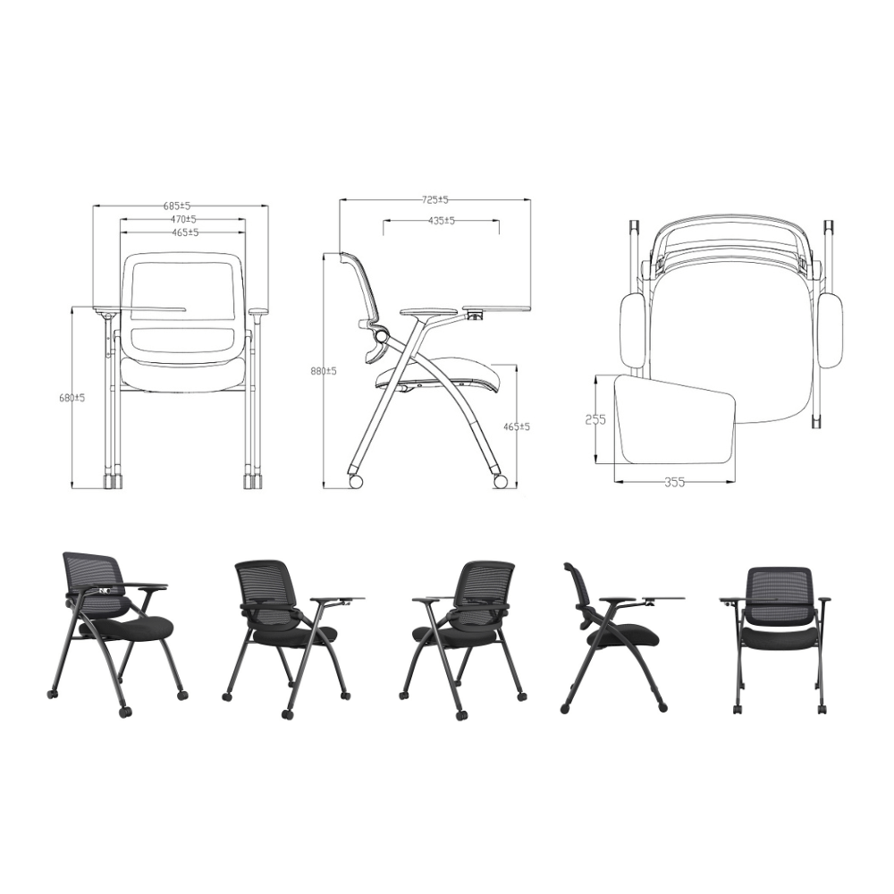 Power-B Double Back Stackable Training Chair with Wheels and Writing Board