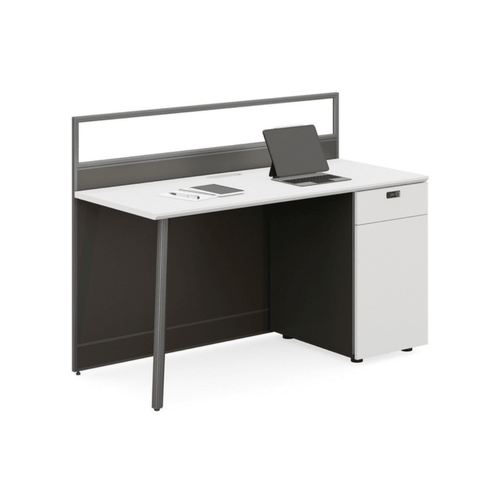 Shade-B Office Desk Workbench with Glass Partition and Side Cabinet - Gavisco Office Furniture