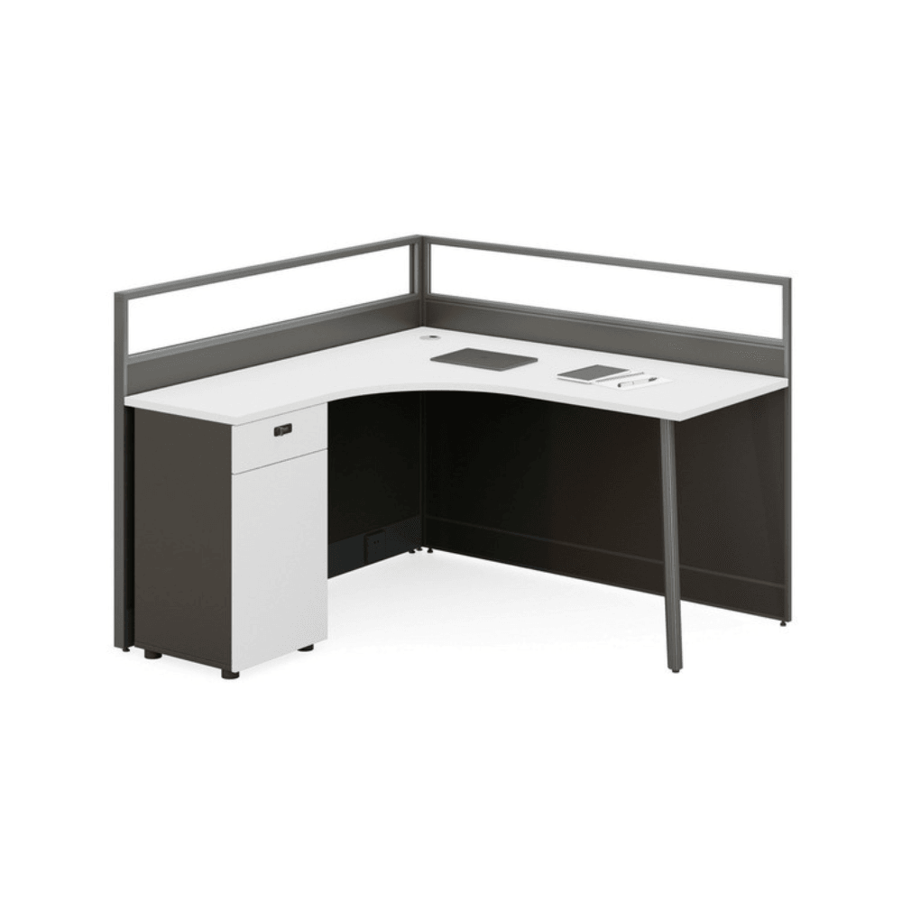 Shade-C L-shaped Office Desk Workbench with Glass Partition and Side Cabinet - Gavisco Office Furniture