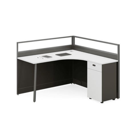 Shade-C L-shaped Office Desk Workbench with Glass Partition and Side Cabinet - Gavisco Office Furniture