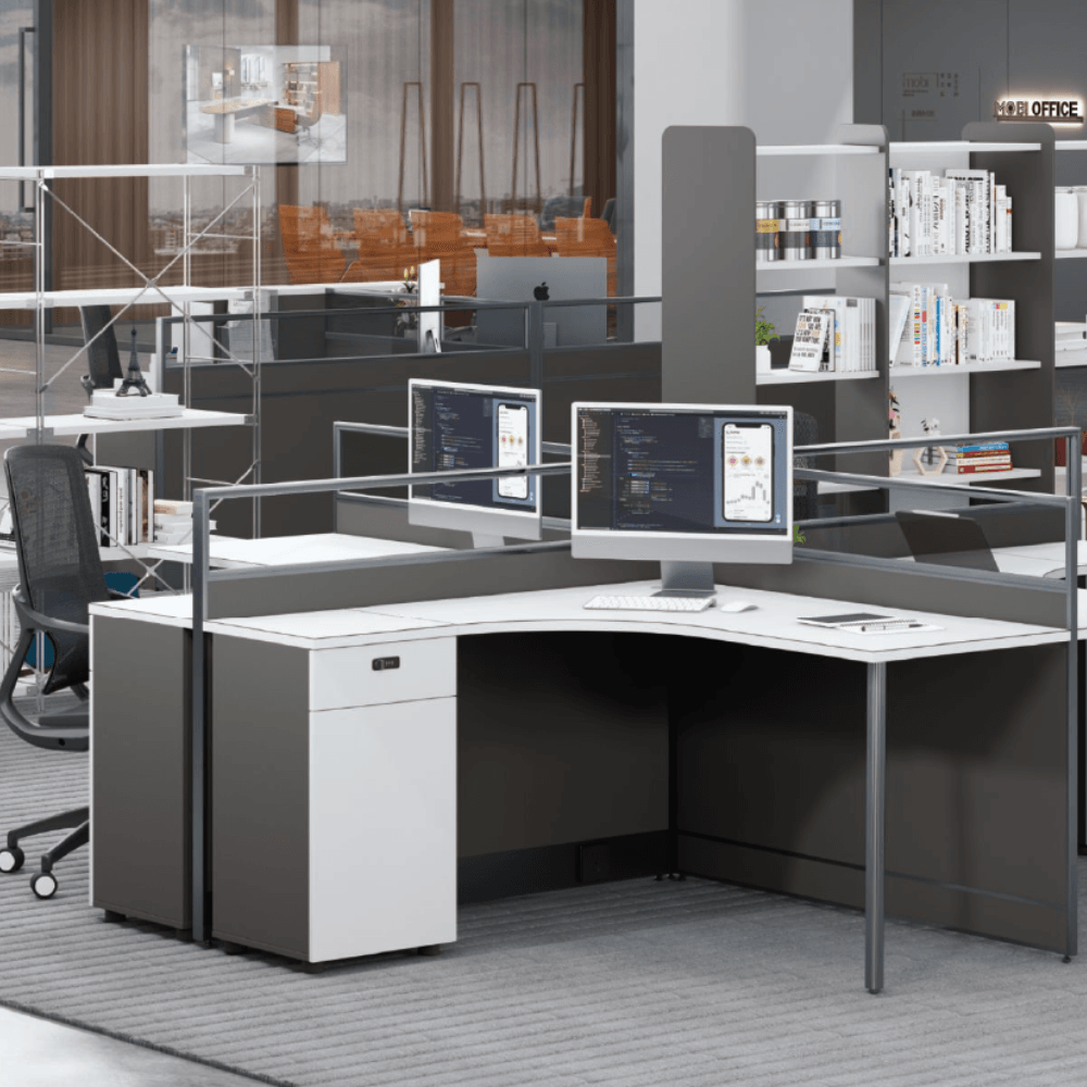 Shade-B Office Desk Workbench with Glass Partition and Side Cabinet - Gavisco Office Furniture