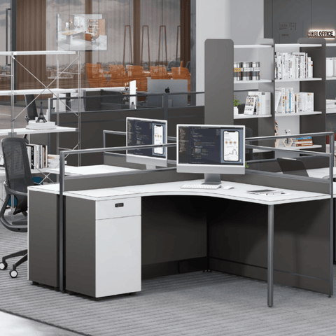 Shade-C L-shaped Office Desk Workbench with Glass Partition and Side Cabinet - Gavisco Office Furniture