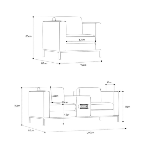 United Three Seater Reception Sofa with Side Table and Power Outlets